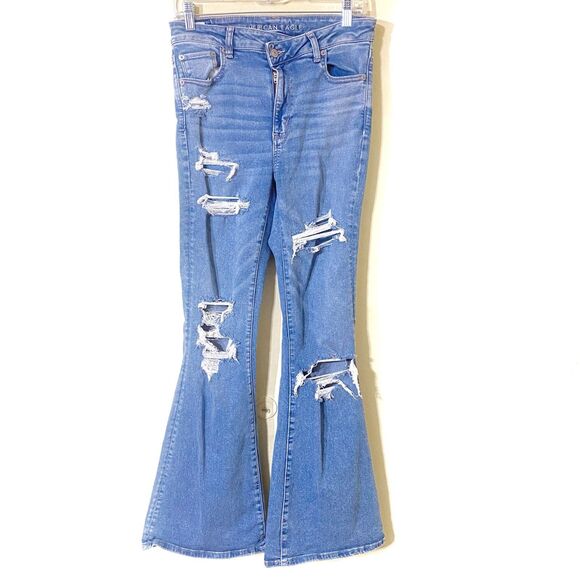 Denim - American Eagle Distressed Wide Super Hi Rise Flare Stretch Jeans 10 Long